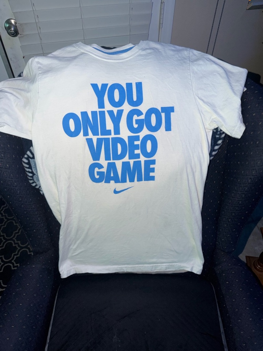 Nike White T-Shirt with Blue 'YOU ONLY GOT VIDEO GAME' Graphic